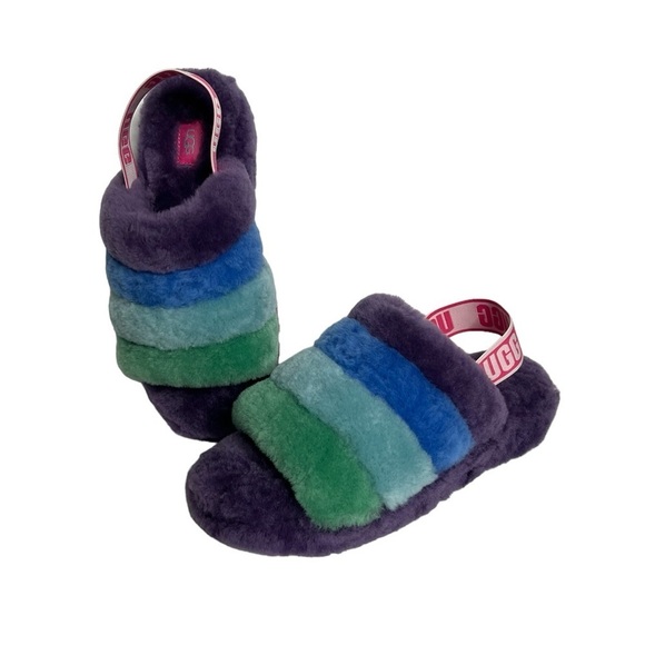 UGG Pride Fluff Yeah Slide Sheepskin Rainbow Slipper Sandal - Picture 4 of 10